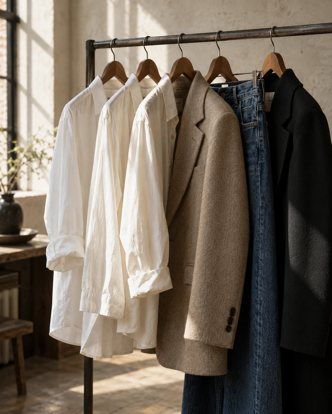 Ivory shirts, a sand blazer and dark coats on a rail in a sunlit studio