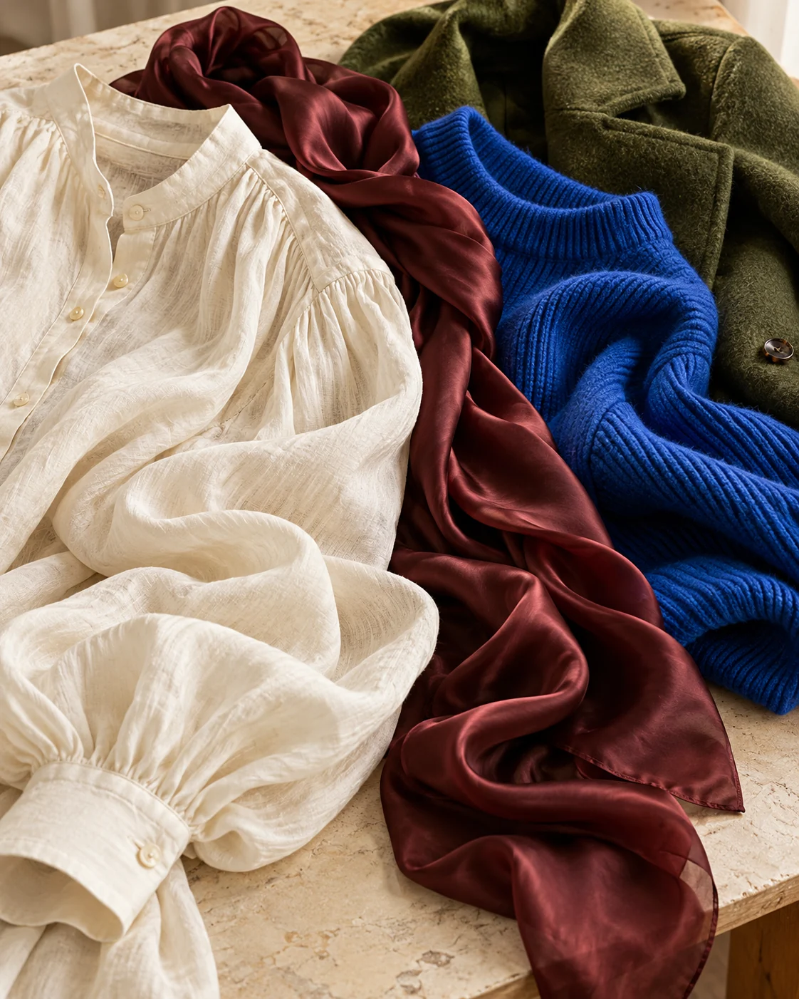 Cream, burgundy, cobalt and olive fabrics in daylight