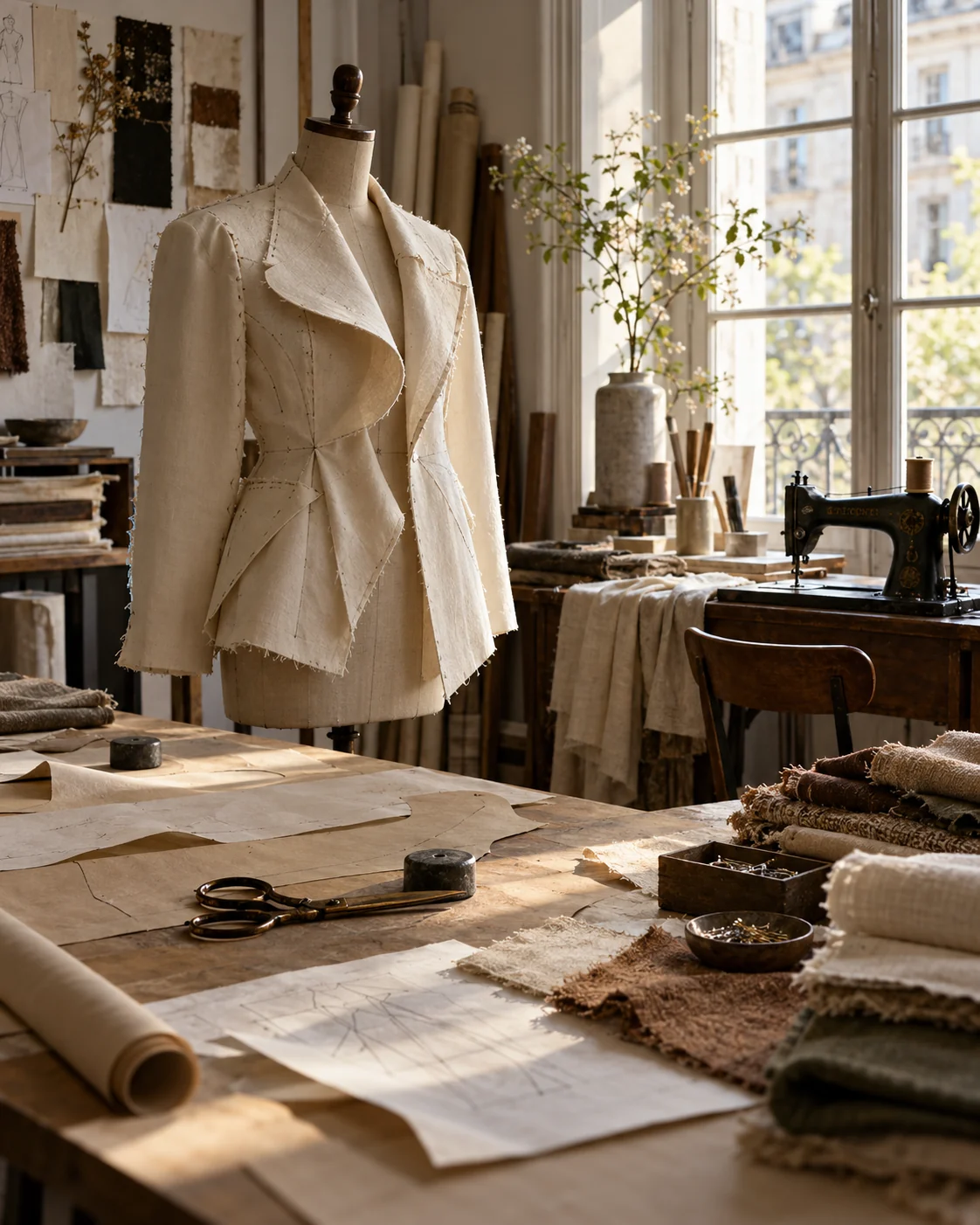 An unfinished jacket, paper patterns and tools in a design studio
