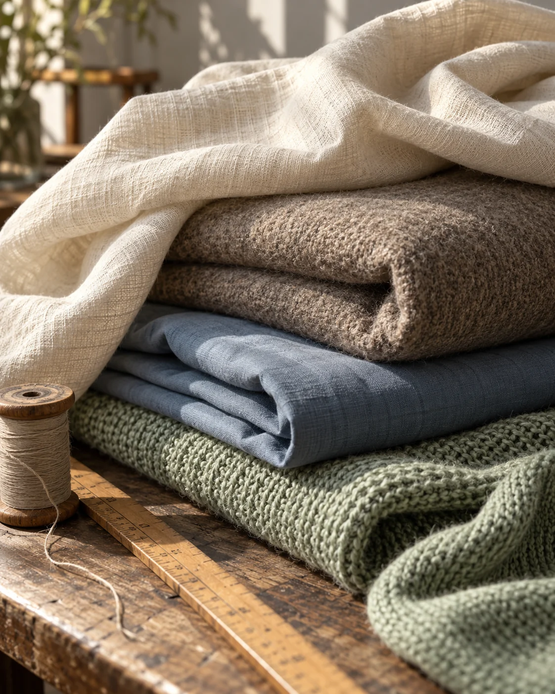 Linen, wool and cotton fabrics folded on a tailoring table