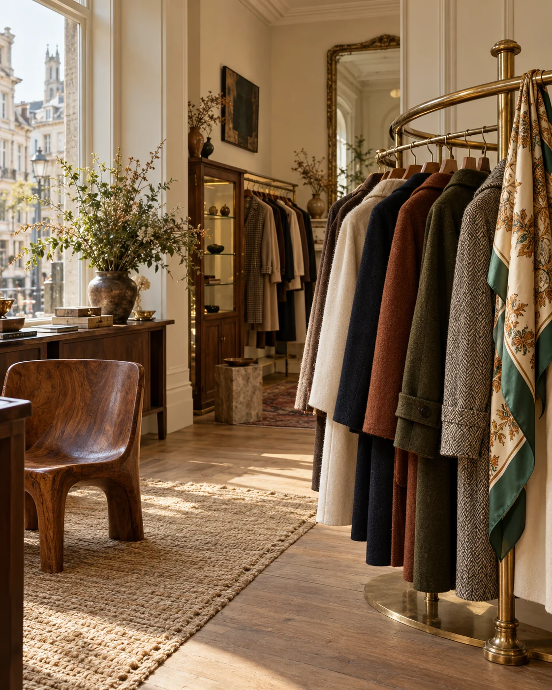 Clothes displayed on a brass rail in a vintage shop